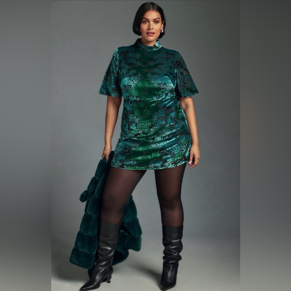 Anthropologie Floral Mock Neck Velvet Midi Dress